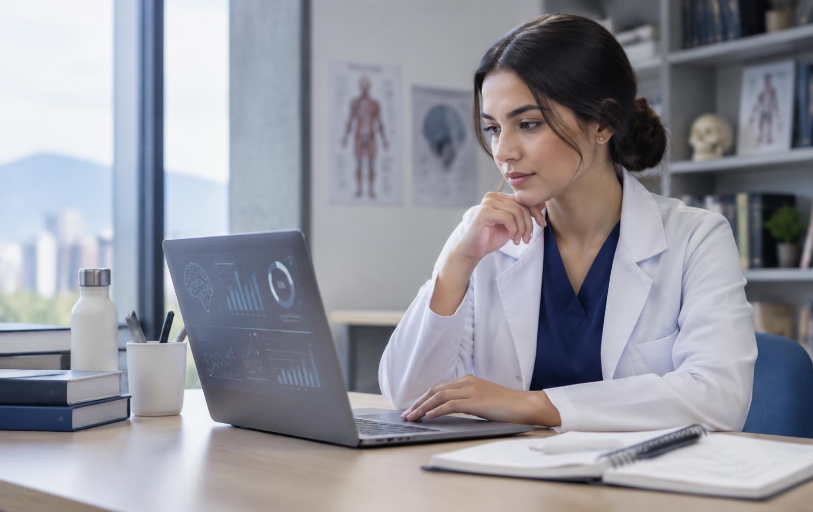 Médica revisando su preparación académica en un computador